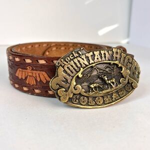 VTG Rocky Mountain High Colorado Brass Buckle ADEZY DENVER & Tooled Leather Belt